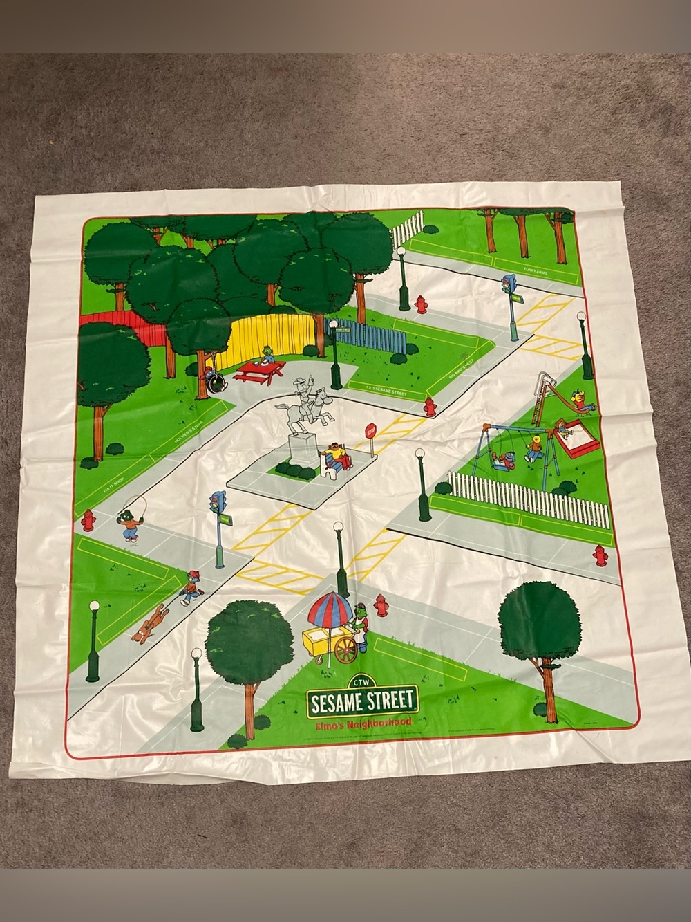 VTG Sesame Street 90s Elmo’s Neighborhood Vinyl Play Mat 45” Muppets Jim Henson